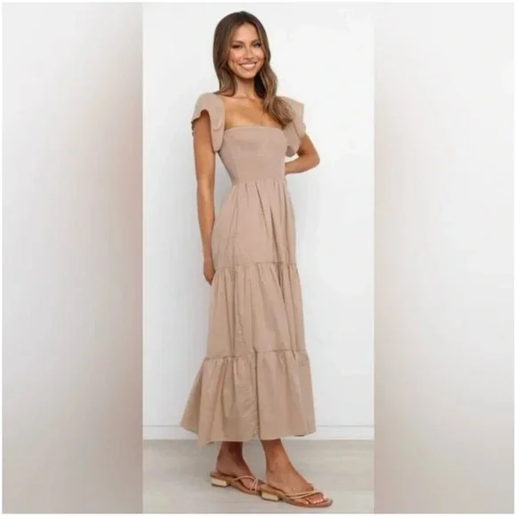 Petal & Pup Tan Tiered Maxi Dress with Flutter Cap Sleeves - Picture 2 of 5